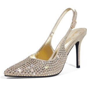 Women's Gold Rhinestone Stilettos Pointed Toe Closed Elegant Stylish Pumps Heel